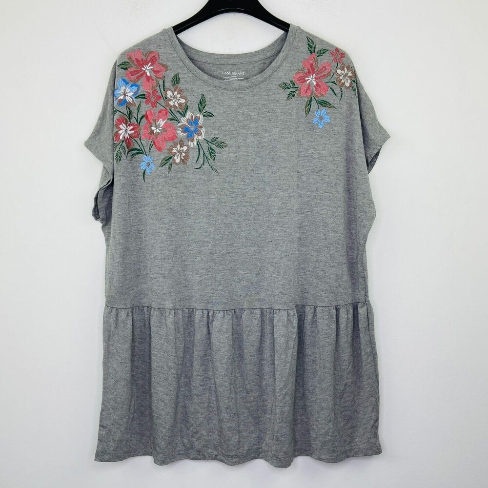 Lane Bryant Women's 14/16 Shirt Gray Floral Graphic Peplum Short Sleeve Tee BI29
